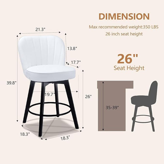 MINCETA Bar Stools Set of 4, PU Leather Barstools, 26 Inch Upholstered Counter Stools with Backrest and Footrest, Swivel Counter Height Barstools for Kitchen Island Home Bar White