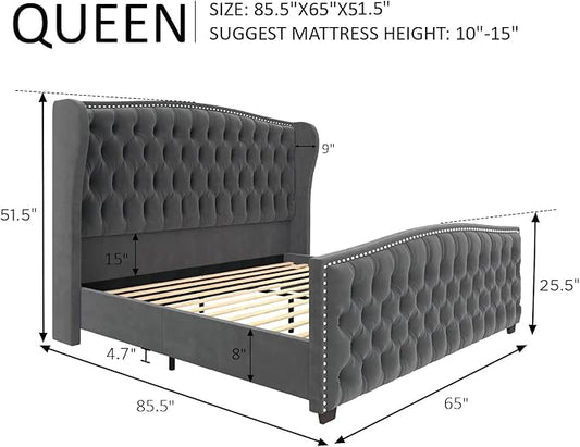AMERLIFE Queen Size Platform Bed Frame, Velvet Upholstered Bed with Deep Button Tufted & Nailhead Trim Wingback Headboard/No Box Spring Needed/Grey