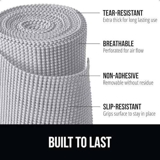 GORILLA GRIP powerGRIP Drawer Shelf and Cabinet Liner, Thick Strong Hold, Non-Adhesive Liners Protect Kitchen Cabinets and Cupboard, Bathroom Drawers, Easy Install, Breathable Mat, 17.5" x30', Lt Gray