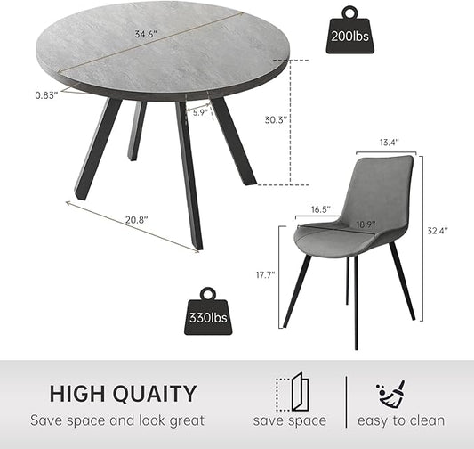 34.6'' Round Dining Table and Chairs for 2, Space Saving Modern Casual Coffee Table Set for Apartment Kitchen Dining Room (Grey Table+ 2 Grey Chairs)