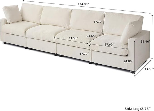 WJShome Modern Sectional Sofa 134 Inch 4-Seater Cloud Couch with Chenille Deep Seat Couches for Living Room, Bedroom and Apartment,Beige