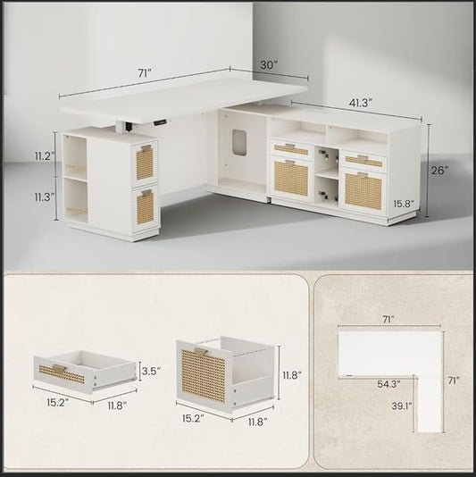 71" L Shaped Executive Desk with File Cabinet, Electric Adjustable Height Standing Desk for Home and Office, Furniture Sets with Multiple Functions, AC/USB, 1.18" Desktop, White Rattan