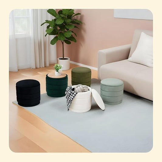 PINPLUS Round Velvet Ottoman Tray, Bottle Green Upholstered Decorative Accent for Footstool or Coffee Table, Removable Serving Surface