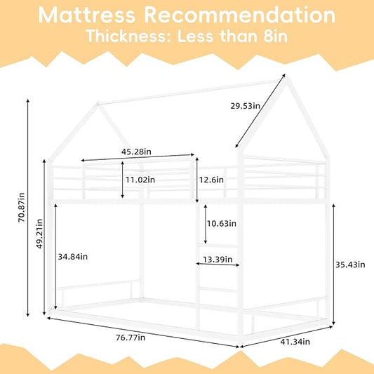 Bunk Bed Twin Over Twin, House Bunk Bed Frame with Ladder and Guardrail, House Shaped Bunk Bed Frame with Metal Slats for Girls Boys, Space Saving, No Box Spring Needed (White)