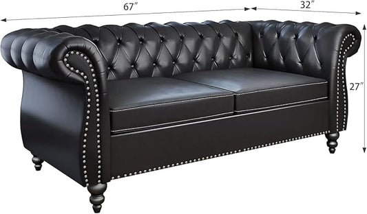 Chesterfield Loveseat Sofa, Modern Leather Small Sofa Couch 2 Seater with Rolled Arms and Nailhead, Mid Century Modern Loveseat Couch for Small Spaces Living Room Bedroom Apartment, Black