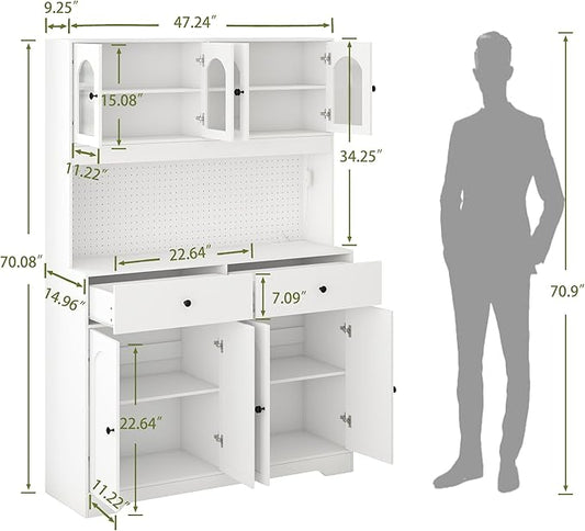 70" Pantry Cabinet with Pegboard, Kitchen Pantry Storage Cabinet with Shelves & Drawer, Adjustable Shelves, LED Light & Power Outlets for Dining Room (White)