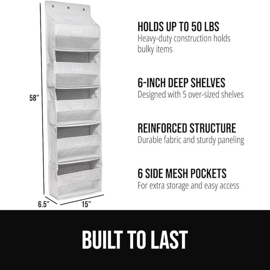 GORILLA GRIP Over The Door Organizer Storage, 5 Deep Hanging Shelves, Holds 50lbs, Closet Organizers Shelf for Bedroom, Bathroom, Nursery, Dorm Essentials, 3 Metal Hooks, 58x15 Inches, White