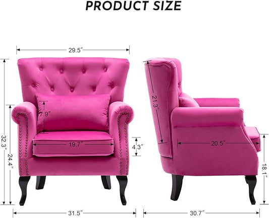 Accent Reading Arm Chairs for Living Room Bedroom, Midcentury Modern Comfy Corner Sofa Chair, Wingback Waiting Room Club Chair with Button Tufted Back &Lumbar Pillow, Velvet Rose