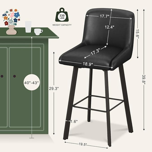 Swivel Bar Stools, 30''H Upholstered Barstools with Backs, Modern Counter Height Bar Stool Chairs for Kitchen Island, Metal Legs (Black- Faux Leather, Set of 3-30" H)