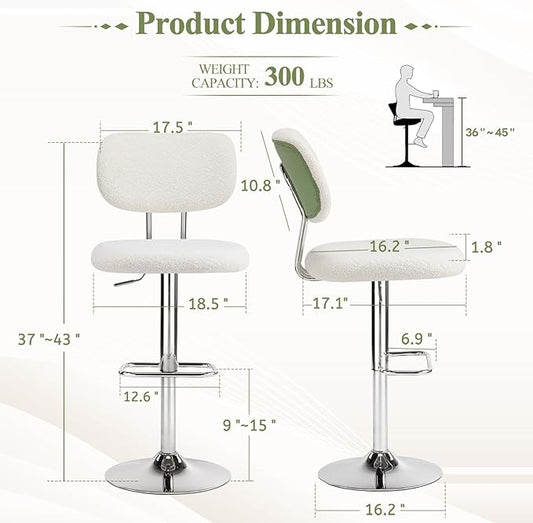 Furniliving Adjustable Bar Stools Set of 2, Modern Teddy Velvet Swivel Barstools with Curved Back, Stylish Armless Counter Height Bar Stools Bar Chairs for Kitchen Island, Bar, Green