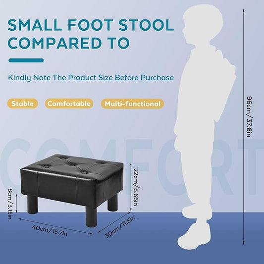 Small Foot Stool Ottoman, Faux Leather Footstool Ottoman Foot Rest for Couch, Rectangle Footstools and Ottomans Small for Living Room, Entryway and Bedroom (Black)