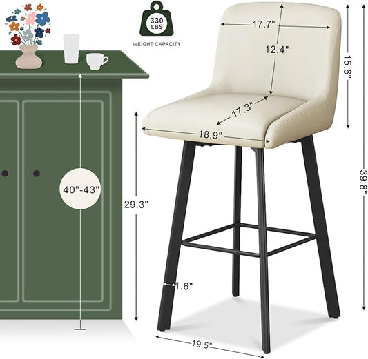 Swivel Bar Stools, 30''H Upholstered Barstools with Backs, Modern Counter Height Bar Stool Chairs for Kitchen Island, Metal Legs (Beige- Faux Leather, Set of 3-30" H)