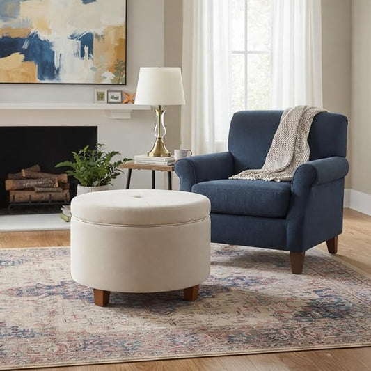HomePop Large Leatherette Round Storage Ottoman with Removeable Lid, Cream Faux Leather