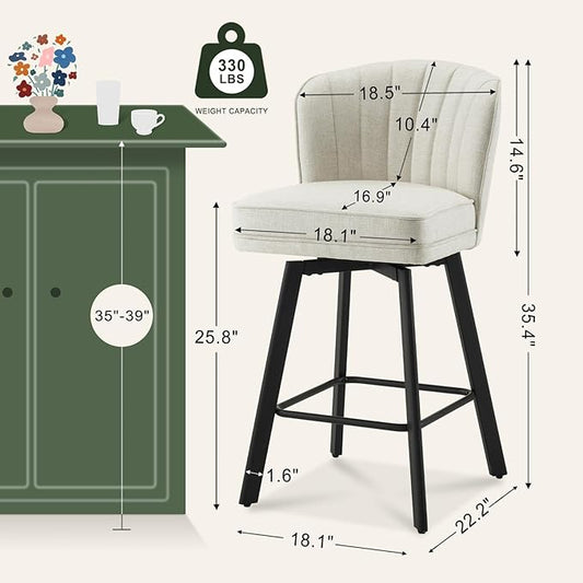 Swivel Counter Height Bar Stools Set of 3, 26'' Modern Barstools with Backs and Metal Legs, Upholstered Bar Chairs, Beige, Fabric Stools for Kitchen Island Chairs