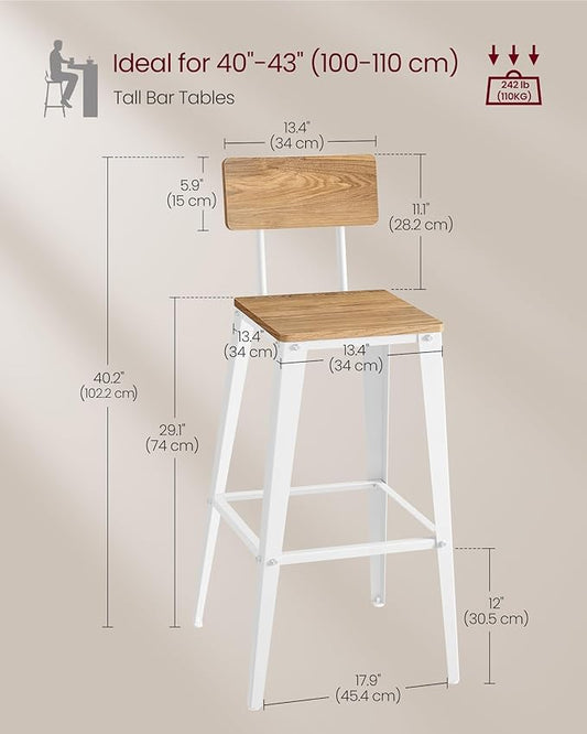 VASAGLE Set of 2 Bar Stools, Bar Height Stools, 29.1 Inches Tall Barstools with Back, Counter Bar Chairs for Kitchen Island, Steel Frame, Industrial Style, Easy Assembly, Wheat Brown and Cloud White