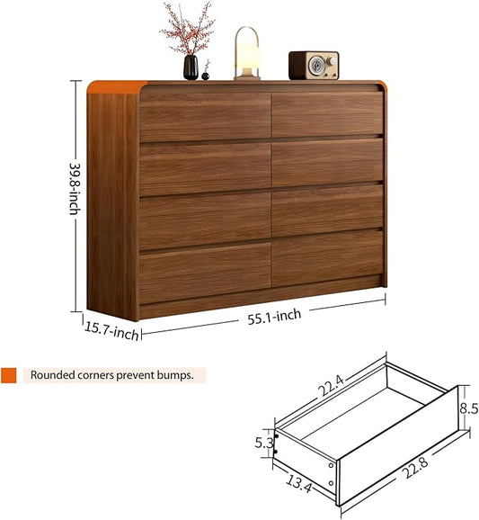 8 Drawer Dresser For Bedroom 55 Inch Wood Chest of Drawers - Curved Anti Collision, Mid Century Dresser For Closet with Natural Texture & Pre-Embedded Slots for TV Stand, Living Room, Nursery