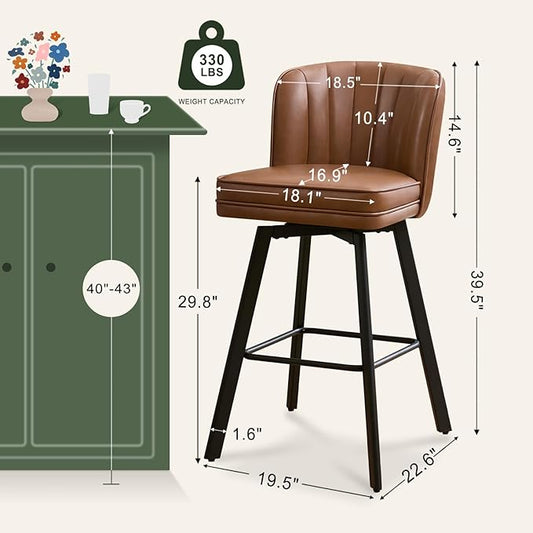 Swivel Counter Height Bar Stools Set of 3, 30'' Modern Barstools with Backs and Metal Legs, Upholstered Bar Chairs, Faux Leather Dark Brown Stools for Kitchen Island Chairs