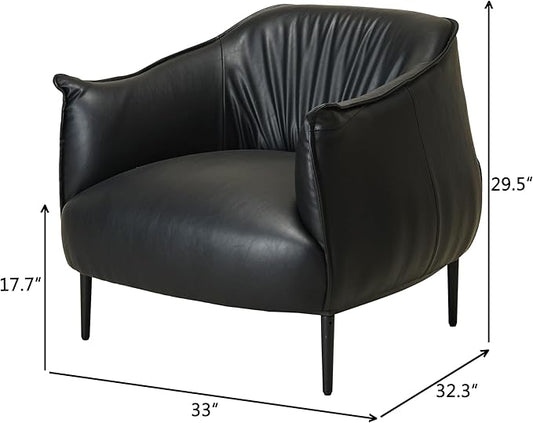 KINWELL 33" W Faux Leather Barrel Chairs Set of 2 with Hand-Tufted Pleated Back Flared Arms, Modern PU Upholstered Accent Chairs with Metal Legs, Large Armchairs Lounge Chairs for Living Room, Black