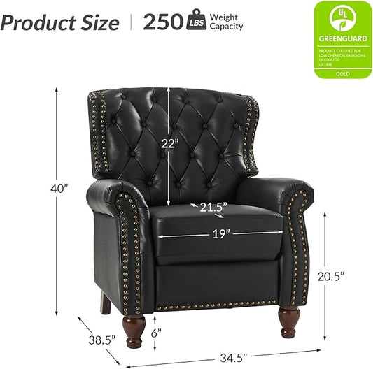 HULALA HOME Genuine Leather Recliner Chair with Solid Wood Feet, Modern Adjustable Tufted Push Back Arm Chair w/Rivet Decoration, Home Theater Seating Single Reclining Sofa for Living Room, Black