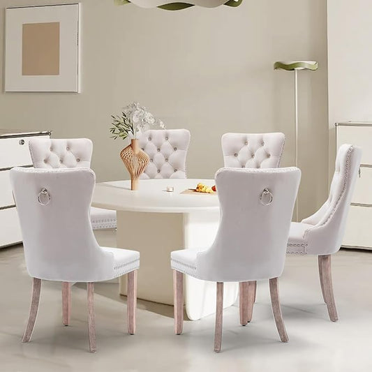 Velvet Upholstered Dining Chairs Set of 8, Modern Style Kitchen Side Chairs with Nailhead Trim and Wood Legs,Metal Pulling Ring for Dining Room Living Room(Beige)