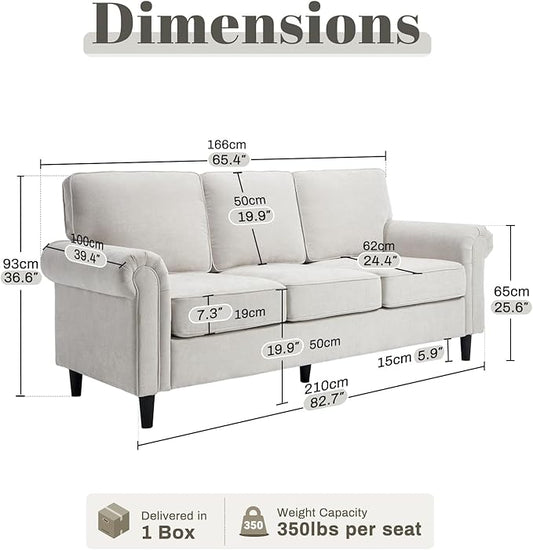 Kingfun 3 Seater Couch, Mid Century Modern Sofa with Rolled Arms and Deep Seats, Fluffy Comfort for Living Room, Apartment, Easy Assembly, Beige