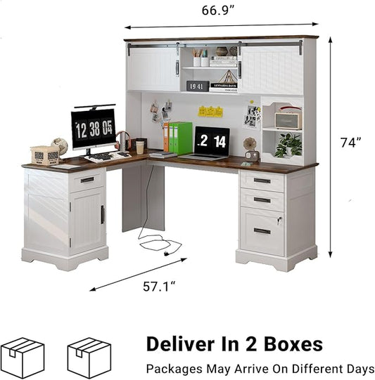 Executive Desk, Farmhouse Home Office Desk with Drawers and Storage Cabinet, Wood Computer Desk for Work and Study, Antique White (Style Two)
