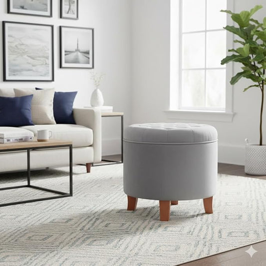 Homepop Home Decor | Upholstered Round Velvet Tufted Foot Rest Ottoman | Ottoman with Storage for Living Room & Bedroom | Decorative Home Furniture, Gray Small