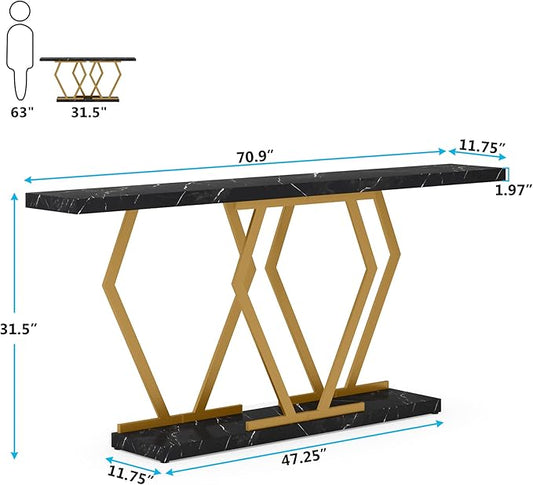 Tribesigns 70.9 Inch Extra Long Sofa Table,Black and Gold Console Table with Faux Marble Tabletop, Modern Long Entryway Table with Gold Frame