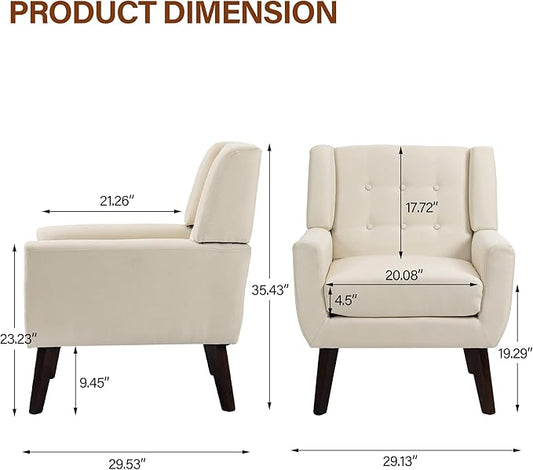 Accent Chairs Set of 2, Modern Fabric Armchairs for Living Room, Comfy Upholstered Arm Chairs Tufted for Indoor Bedroom Office Room (White)