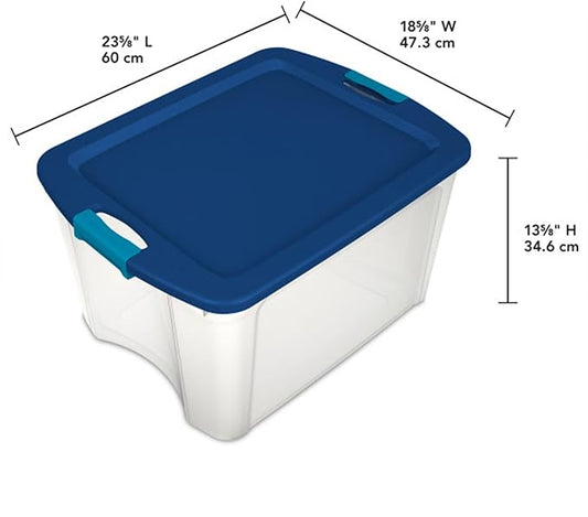 Sterilite 18 Gal Latch and Carry, Stackable Storage Bin with Latching Lid, Plastic Container to Organize Closets, Clear with Blue Lid, 18-Pack