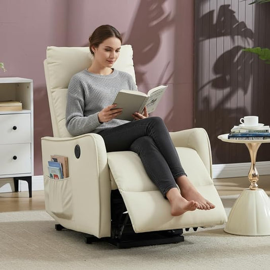 PELUMY Manual Lift Recliner Chair with Massage and Heat for Elderly, Single Motor Electric Lift Chair, Heavy Duty Recliner with USB Charging & Side Pockets (Breathable Leather, Beige)