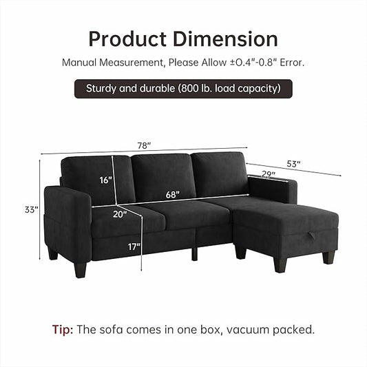 Youmumeub 79''Sectional Couch Couches for Living Room - L-Shaped 4-Seater Deep Sectional Sofa,Removable Covers,Suitable for The Living Room, Apartment or Office-Black