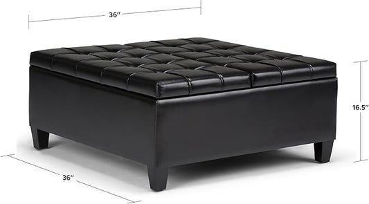 SIMPLIHOME Harrison 36 inch Wide Transitional Square Coffee Table Storage Ottoman in Midnight Black Vegan Faux Leather, Assembled, For the Living Room and Bedroom