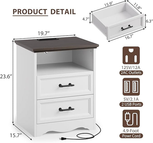 Nightstand with Charging Station, Farmhouse End Table with 2 Drawers Storage and Open Shelf, Wood Cabinet with Unique Base Design, Bedside Table for Bedroom, Living Room, White