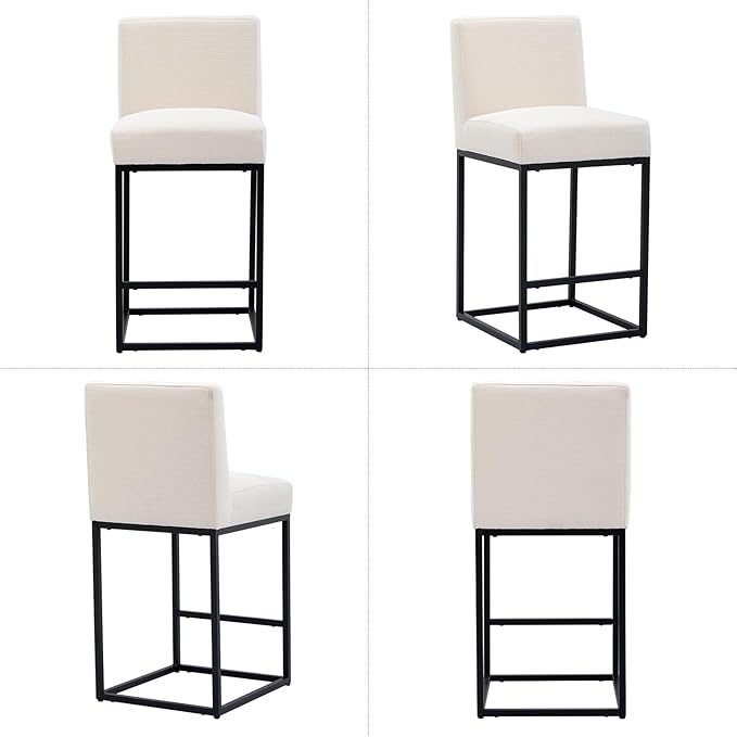 31" Counter Height Bar Stools Set of 3 with Back and Footrest for Kitchen Modern Metal Barstools, Linen Upholstered Bar Chairs Island Stools, Beige