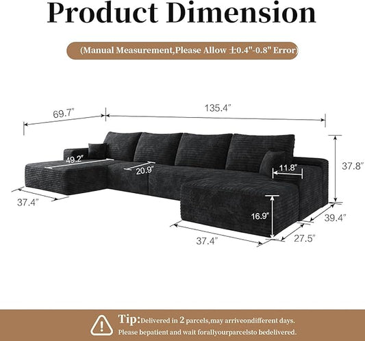 135.4" Large Cloud Modular Sectional Couch with Ottoman, Minimalist Upholstered Couches, Comfort U Shaped Sofa for Living Room,Deep Seat Corner Couch,No Assembly Required (Black,Left Facing Chaise)