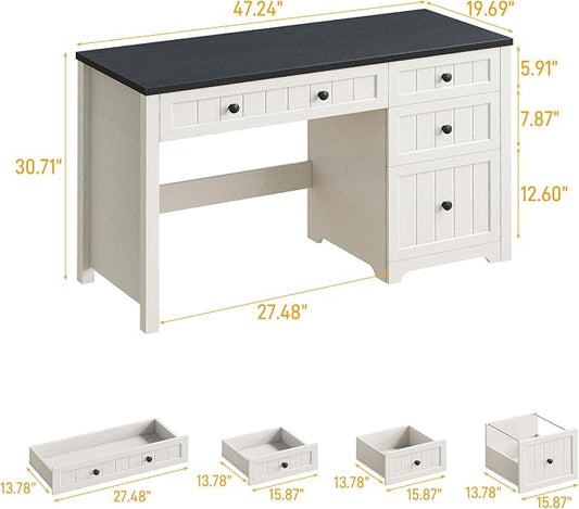 Vabches Farmhouse Executive Desk with 4 Drawers, Home Office Desk with Storage Cabinet and File Drawer, Wood Computer Desk with Storage, Rustic Office Desk for Work Study Writing, Black White