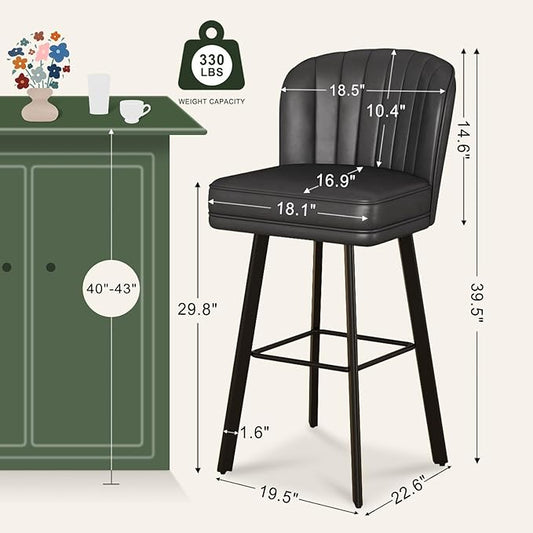 Swivel Counter Height Bar Stools Set of 2, 30'' Modern Barstools with Backs and Metal Legs, Upholstered Bar Chairs, Faux Leather Black Stools for Kitchen Island Chairs
