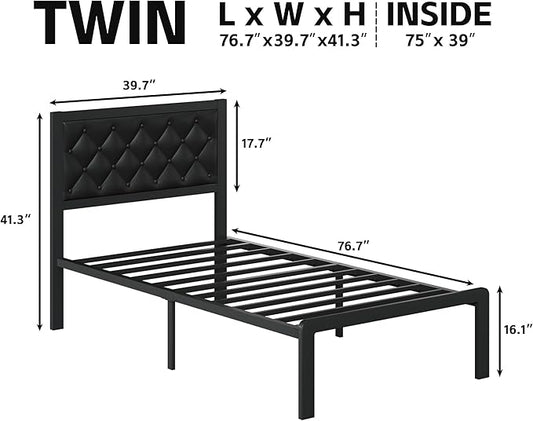 Twin Bed Frame with Headboard PU Leather Upholstered Bed Frame Platform,All Metal Slats Support Platform Bed Frame with Storage Space,Easy Assembly,Noise Free,No Box Spring Needed,Black