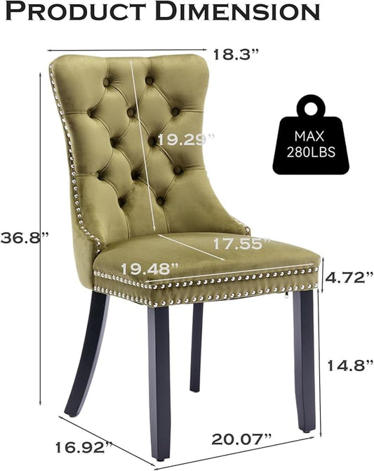 Velvet Upholstered Dining Chairs Set of 2, Modern Style Kitchen Side Chairs with Nailhead Trim and Wood Legs,Metal Pulling Ring for Dining Room Living Room(Olive Green,Set of 2)
