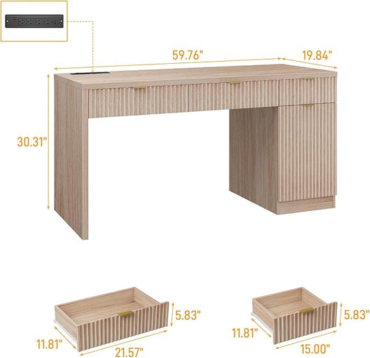 60" Executive Desk with Fluted Drawers, Wood Home Office Desk with Storage Cabinet, Charging Station, Fluted Computer Writing Desk for Study, Living Room, Natural Oak.