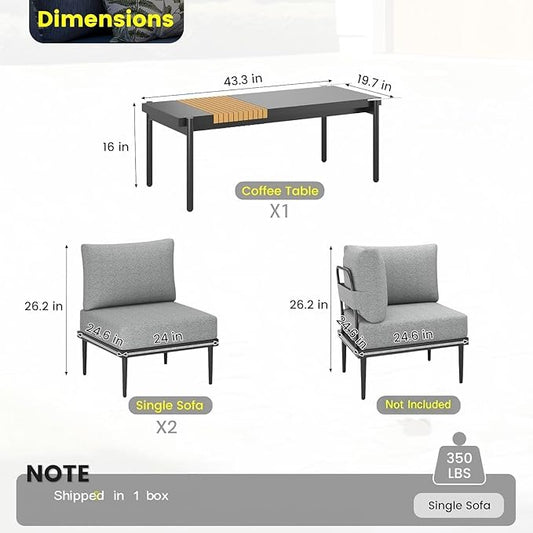 Sundale Outdoor 3 Pieces Patio Furniture Set, Metal Outdoor Sectional Sofa with 6 Inch Olefin Cushion and Coffee Table, All-Weather Modern Outdoor Conversation Sets (Grey Frame)