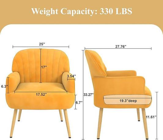 Velvet Accent Chair, Mid Century Modern Accent Chairs for Living Room, Comfy Upholstered Armchair with Metal Legs for Bedroom/Apartment/Office/Waiting Room, Yellow
