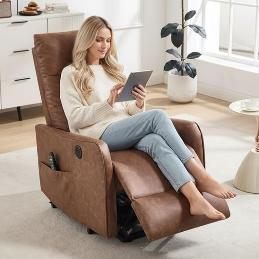 PELUMY Manual Lift Recliner Chair with Massage and Heat for Elderly, Single Motor Electric Lift Chair, Heavy Duty Recliner with USB Charging & Side Pockets (Breathable Leather, Yellow Brown)