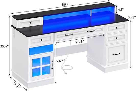 BTHFST Executive Desk with File Drawer, Computer Desk with Monitor Stand, Home Office Desk with Drawers & Storage Cabinet, Writing Desk with Charging Station & LED Lights, White
