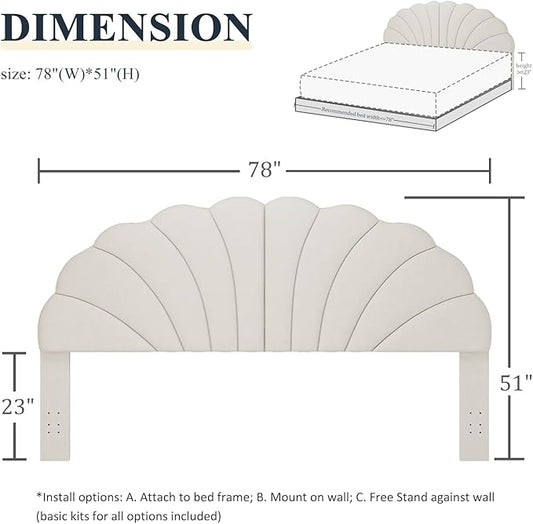 King Size Headboard Only, Petal Wall Mount Headboard King/California King Size for Adjustable Bed Velvet Upholstered Head Board Easy Assembly, Cream