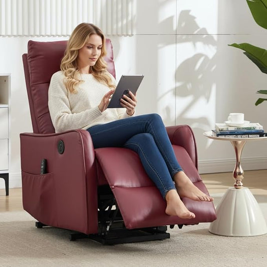 PELUMY Manual Lift Recliner Chair with Massage and Heat for Elderly, Single Motor Electric Lift Chair, Heavy Duty Recliner with USB Charging & Side Pockets (Breathable Leather, Red)