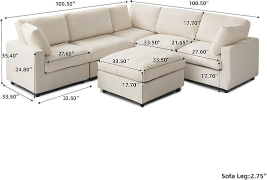 WJShome Modern V Shaped Sectional Couches for Living Room,100 Inch 5-Seater Chenille Deep Seat Modular Sofa with Ottoman, Cloud Couch for Bedroom and Apartment,Beige