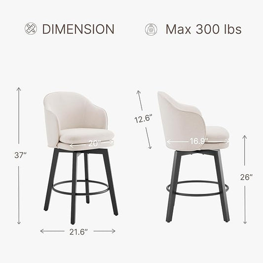 Counter Height Barstools 26 inch Upholstered Swivel Bar Stools with Back and Wood Legs for Kitchen Island,Set of 2,Beige Fabric