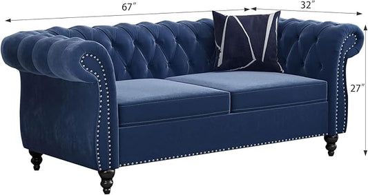 Chesterfield Loveseat Sofa, Modern Velvet Small Sofa Couch 2 Seater with Rolled Arms and Nailhead, Mid Century Modern Loveseat Couch for Small Spaces Living Room Bedroom Apartment, Blue